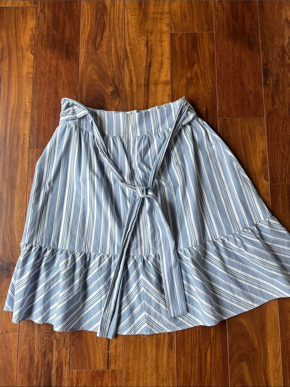 J. Crew Blue and White Striped Midi Skirt with Ruffle Hem